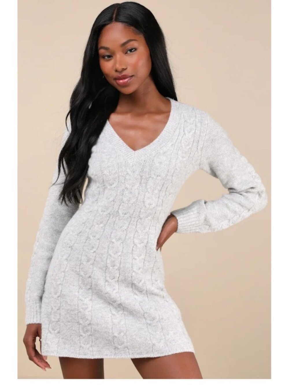 Lulus Cable Knit Mini Dress Womens Small Light Gray Wool Blend Long Sleeve NWT
